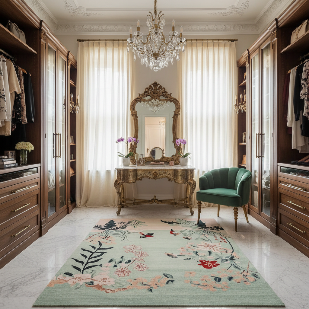 Luxurious bedroom with floral rug, ornate mirror, and green chair.