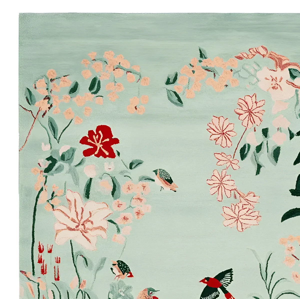 A whimsical garden-themed area rug featuring a hand-tufted design with vibrant floral patterns and birds in soft pastel colors. This wool rug is perfect for adding a touch of nature to your living room decor. Ideal for those seeking unique area rugs for living room spaces.