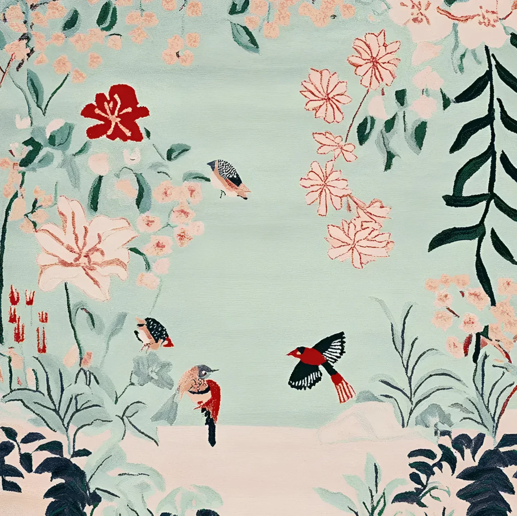 A whimsical garden-themed area rug hand-tufted from wool, featuring vibrant floral patterns and colorful birds. This area rug is perfect for adding a touch of nature to your living room decor.