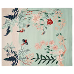 A beautifully hand tufted wool rug featuring a whimsical garden design with vibrant birds and floral patterns. This area rug is perfect for adding a touch of elegance to any living room. The pastel colors and intricate details make it an ideal choice for those seeking stylish area rugs for living room decor.