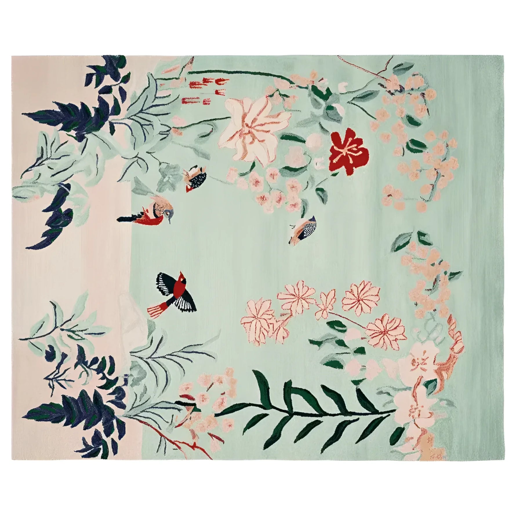 A beautifully hand tufted wool rug featuring a whimsical garden design with vibrant birds and floral patterns. This area rug is perfect for adding a touch of elegance to any living room. The pastel colors and intricate details make it an ideal choice for those seeking stylish area rugs for living room decor.