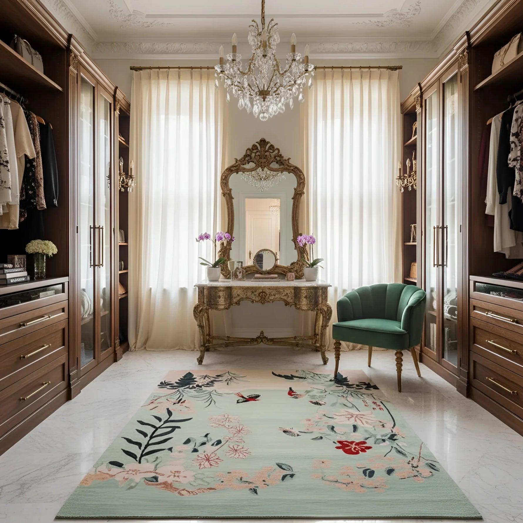 Luxurious bedroom with floral rug, ornate mirror, and green chair.