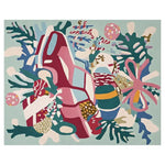 Vibrant and colorful area rug featuring a whimsical abstract design with bold patterns in red, blue, and green hues. Ideal wool rug for adding a playful touch to living room spaces. Perfect choice for modern area rugs for living room decor.
