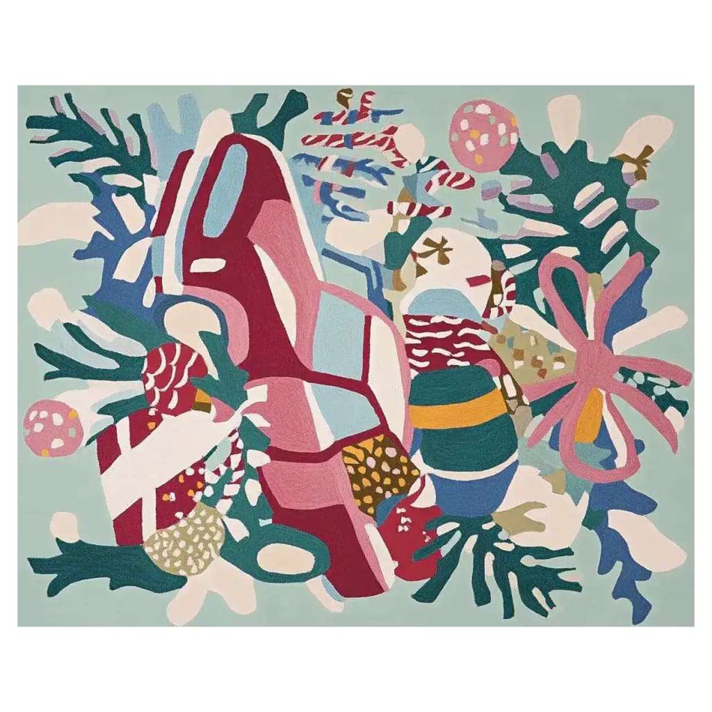 Vibrant and colorful area rug featuring a whimsical abstract design with bold patterns in red, blue, and green hues. Ideal wool rug for adding a playful touch to living room spaces. Perfect choice for modern area rugs for living room decor.