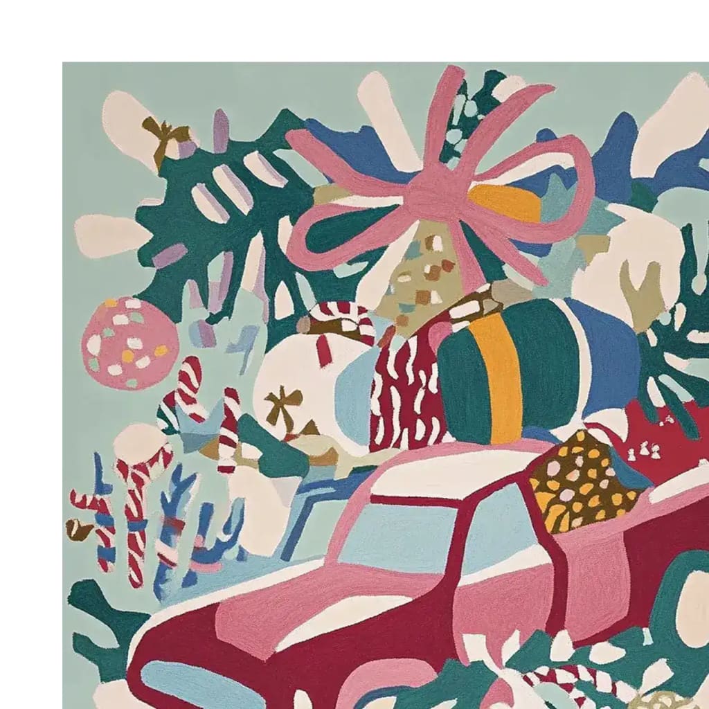 Colorful hand-tufted area rug featuring a whimsical design with a pink truck and vibrant gift boxes, perfect for adding a playful touch to your living room. Made from high-quality wool, this rug offers a cozy and stylish accent for any space.