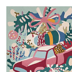 Colorful hand-tufted area rug featuring a whimsical design with a pink truck and vibrant gift boxes, perfect for adding a playful touch to your living room. Made from high-quality wool, this rug offers a cozy and stylish accent for any space.