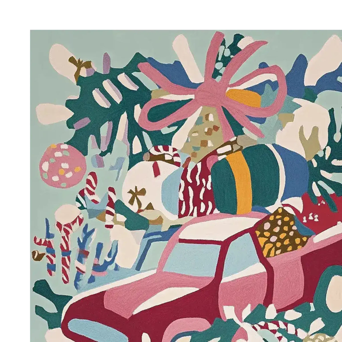Colorful hand-tufted area rug featuring a whimsical design with a pink truck and vibrant gift boxes, perfect for adding a playful touch to your living room. Made from high-quality wool, this rug offers a cozy and stylish accent for any space.