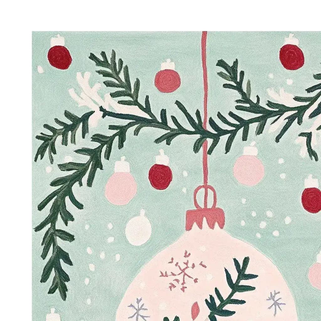 A whimsical holiday-themed area rug featuring a hand-tufted wool design. The rug displays a festive scene with evergreen branches and colorful ornaments, perfect for adding charm to living room area rugs.