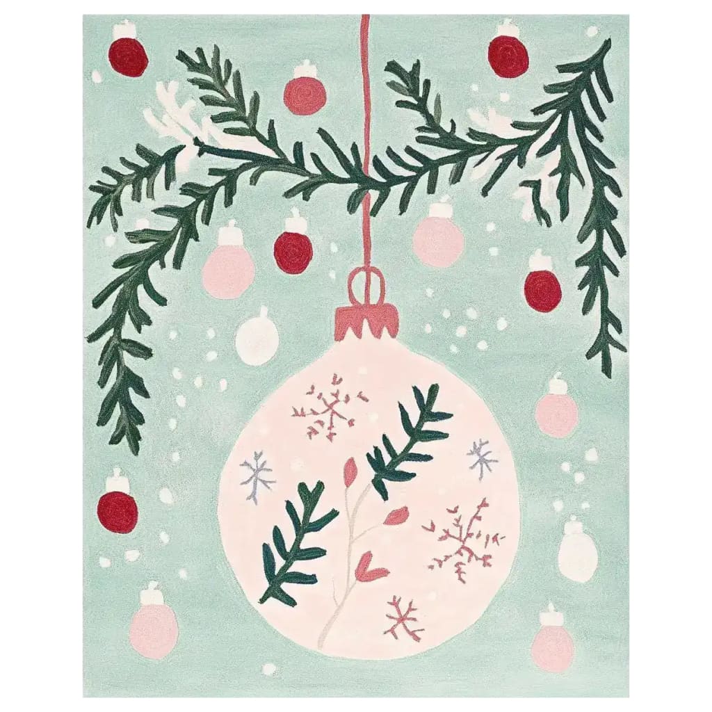 Whimsy Holiday Charm Hand Tufted Area Rug featuring a festive design with ornaments and pine branches, perfect for adding a touch of holiday spirit to your living room. This wool rug showcases a light pastel green background with pink and red accents, ideal for cozy winter decor.