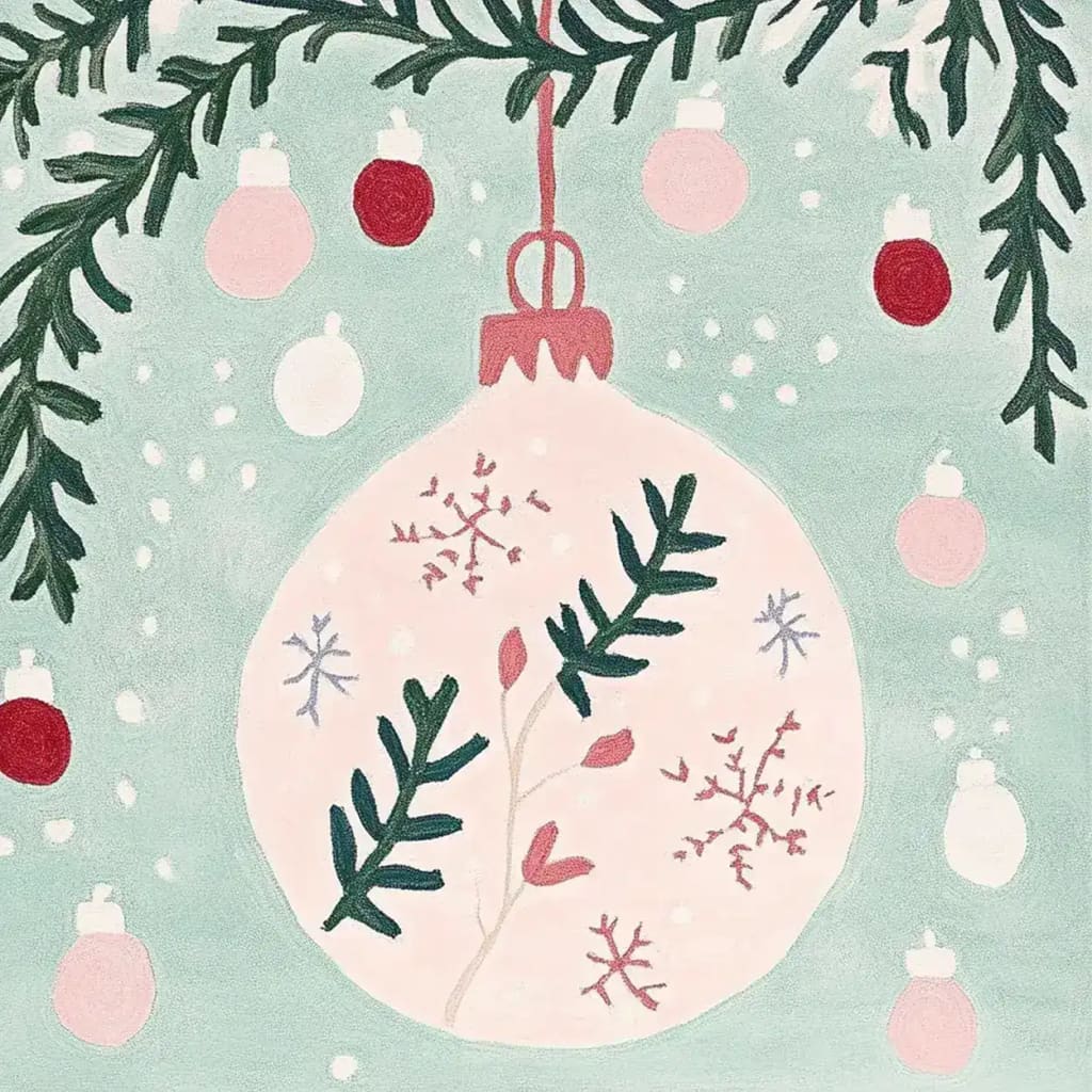 Charming holiday-themed hand-tufted area rug featuring a whimsical design with a large pink ornament and green foliage, perfect for enhancing the coziness of living room area rugs. Crafted from quality wool, this rug brings festive warmth to your space.