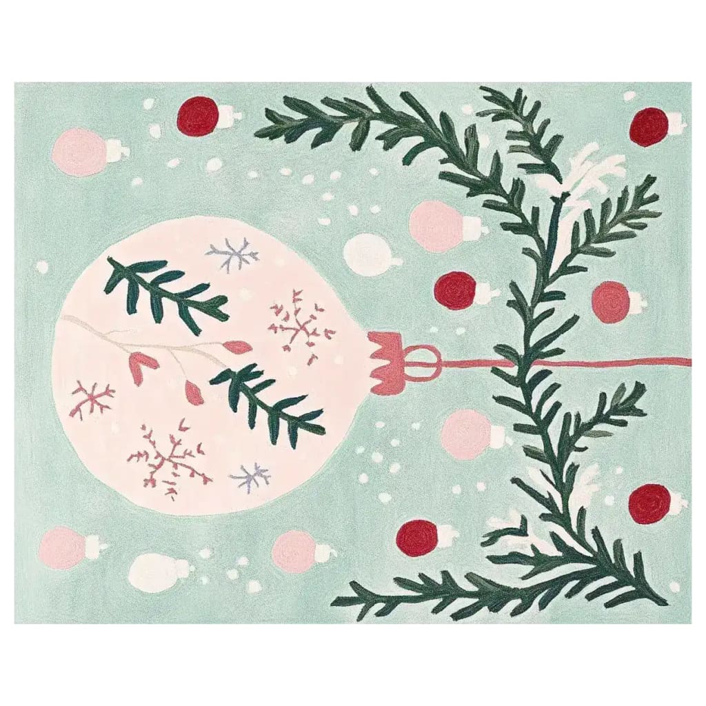 Festive Whimsy Holiday Charm Hand Tufted Area Rug featuring a cheerful holiday design with a large ornament and evergreen branches, ideal for adding a cozy touch to your living room. This wool rug is perfect for those seeking charming area rugs for living room decor.