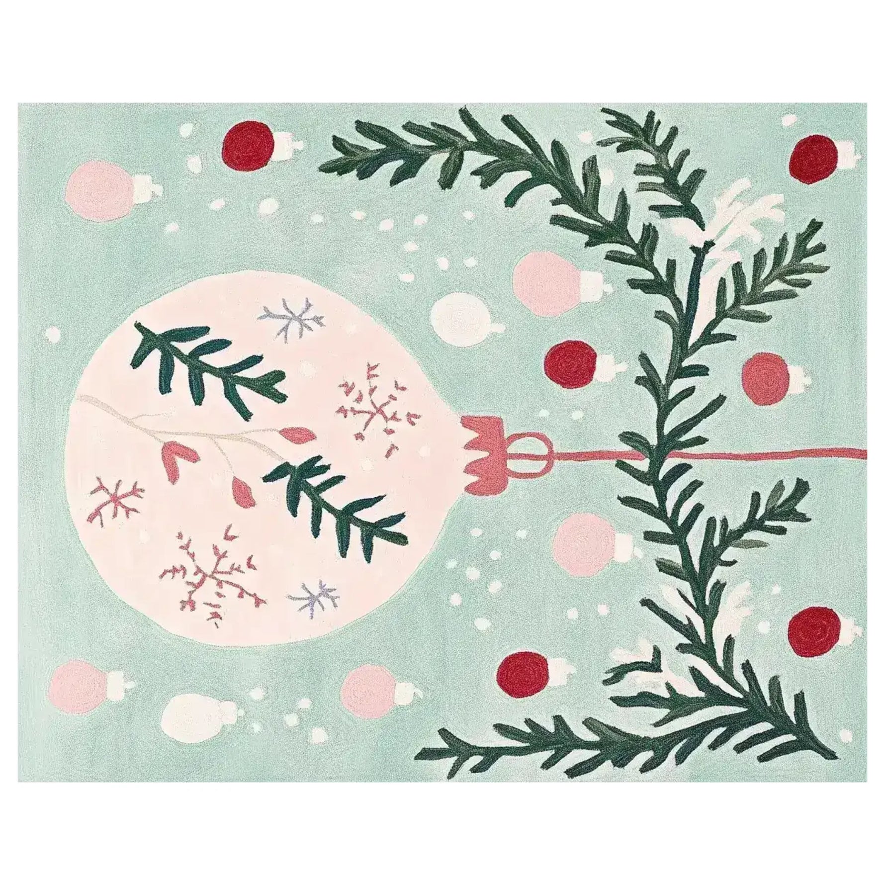 Festive Whimsy Holiday Charm Hand Tufted Area Rug featuring a cheerful holiday design with a large ornament and evergreen branches, ideal for adding a cozy touch to your living room. This wool rug is perfect for those seeking charming area rugs for living room decor.