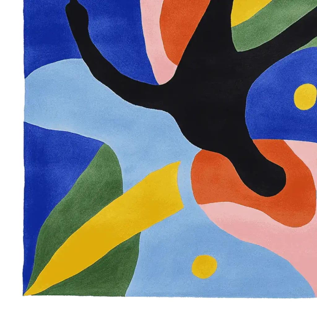 Colorful abstract area rug showcasing vibrant hues like blue, green, yellow, and orange in an organic pattern. This contemporary wool rug is perfect for adding a pop of color to any living room. The square area rug measures 8x10, making it an ideal choice for modern interiors.