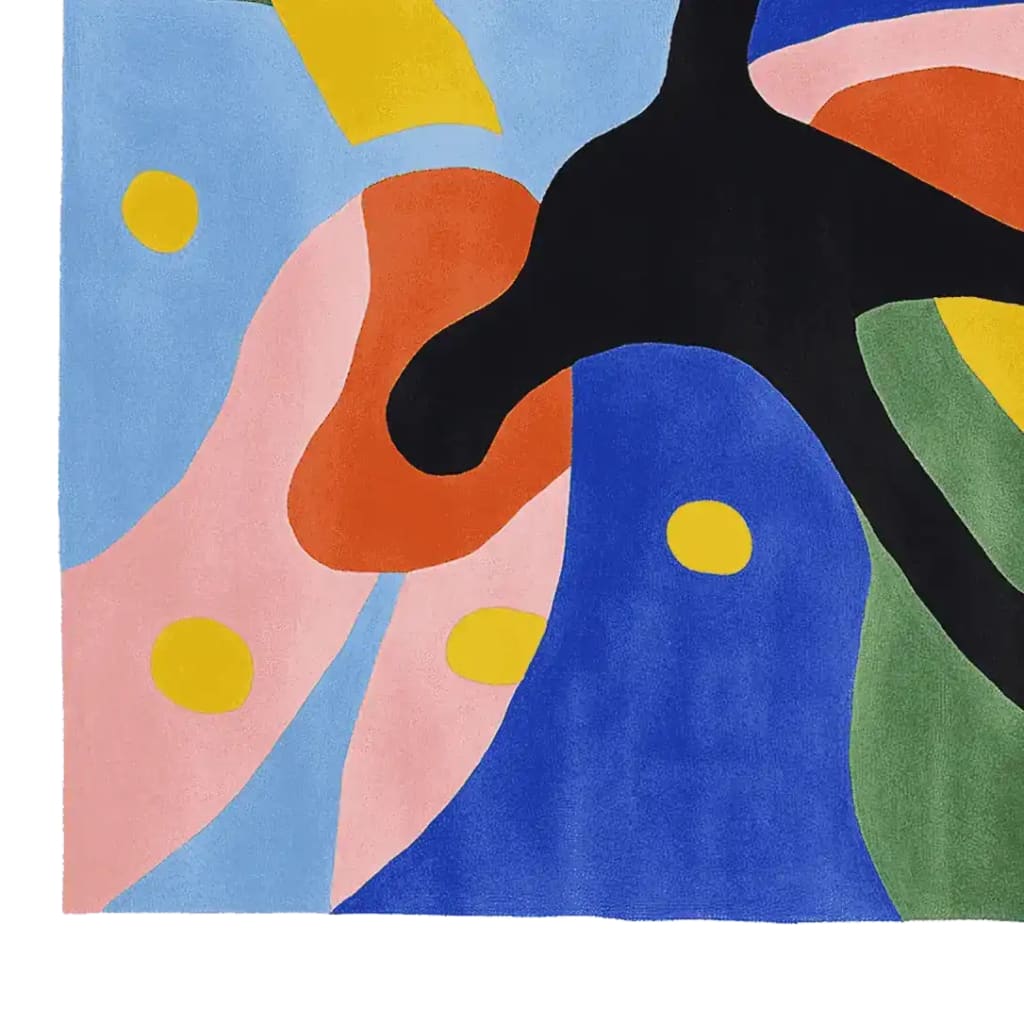 A vibrant, hand-tufted area rug featuring an abstract design with bold colors like blue, pink, and orange. This contemporary wool rug is perfect for adding a splash of color to your living room. Ideal as a square rug or living room rug in an 8x10 size, this square area rug combines modern artistry with practical elegance.