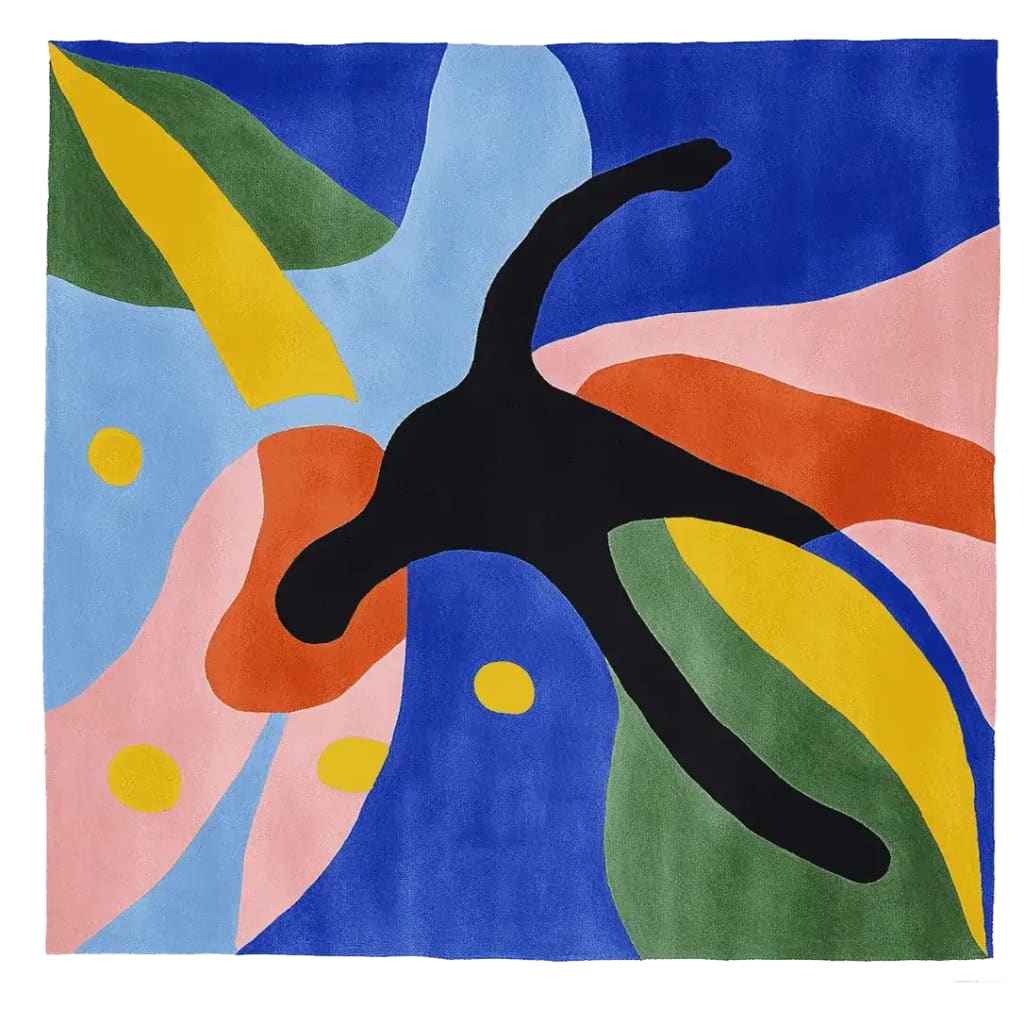 Top view of a vibrant, hand-tufted Whimsy Motion Patch wool area rug featuring an abstract design with bold colors like blue, green, yellow, pink, and black. Perfect for modern living rooms, this contemporary square rug adds artistic flair and is ideal as a living room rug in an 8x10 size.