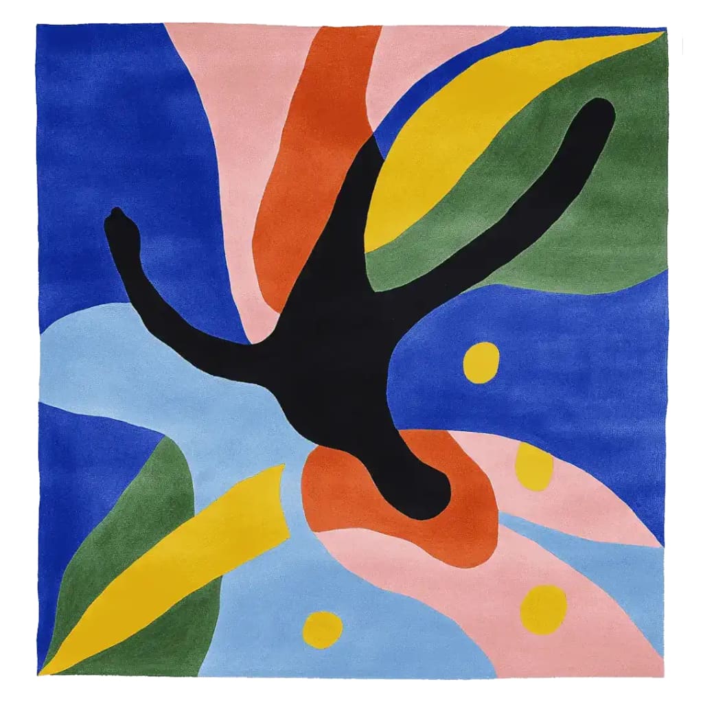 A vibrant, hand-tufted area rug showcasing a whimsical abstract design with bold colors like blue, pink, yellow, and black. This contemporary wool rug is perfect for adding a splash of color to living rooms, available in an 8x10 square size, ideal for modern decor.