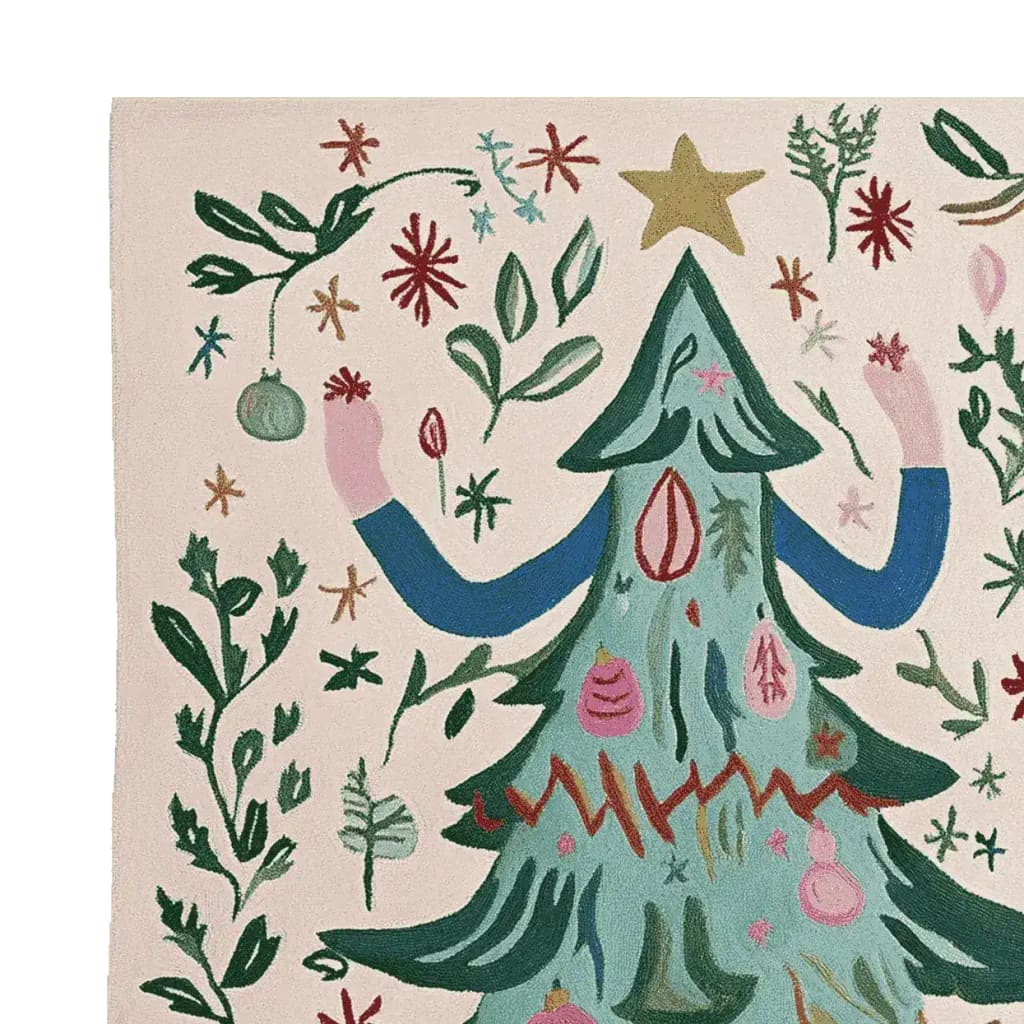 This whimsical area rug showcases a hand-tufted design with a playful tree motif, ideal for large living rooms. Made from high-quality wool, this rug offers a charming addition to any living space, blending colorful elements and abstract patterns.