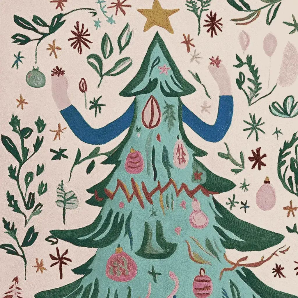 Vibrant and playful Whimsy Tree Wishes Hand Tufted Rug featuring a festive Christmas tree design with colorful ornaments and abstract shapes. This wool area rug is perfect for adding a touch of joy to large living rooms, making it a charming choice for rugs in the living room.