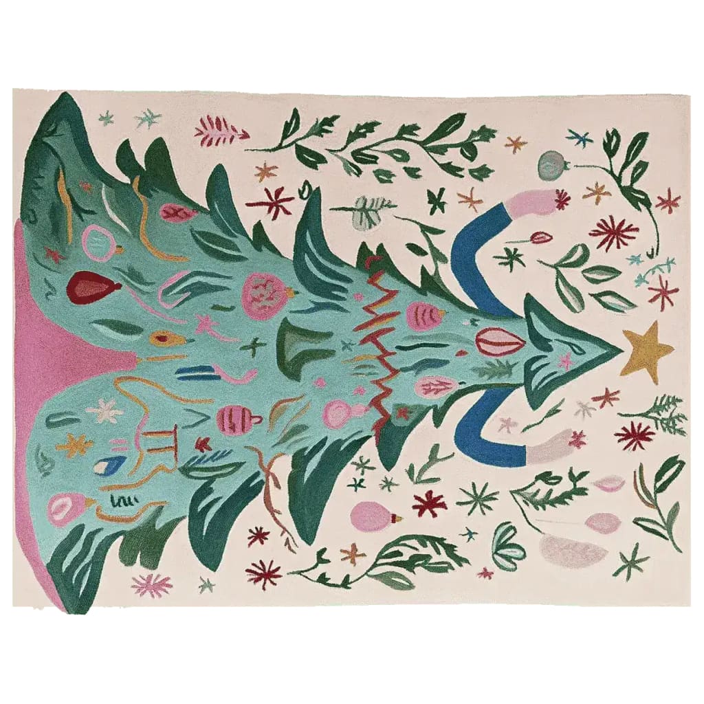 A whimsical hand-tufted area rug featuring an abstract tree design with vibrant colors, perfect for adding a playful touch to large living rooms. This wool rug showcases intricate patterns and nature-inspired motifs, making it an ideal choice for those seeking unique rugs for living room spaces.