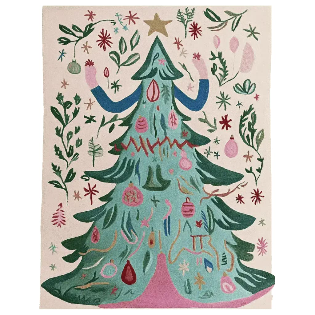 A whimsical hand-tufted area rug featuring a colorful tree design adorned with playful ornaments and abstract patterns. This wool rug is perfect for adding a touch of charm to large living room spaces. Ideal for those seeking unique rugs for their living room.