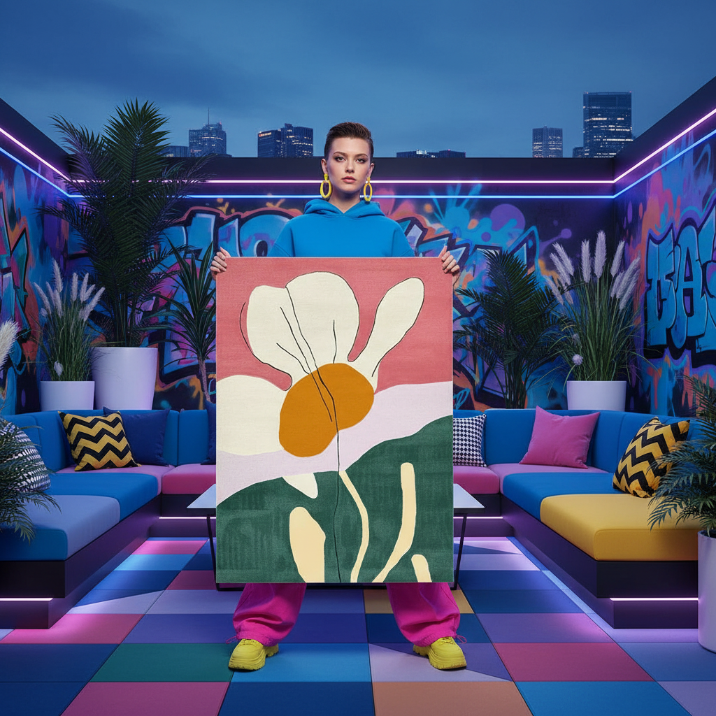 Person holding a colorful abstract painting in a vibrant, graffiti-covered room.