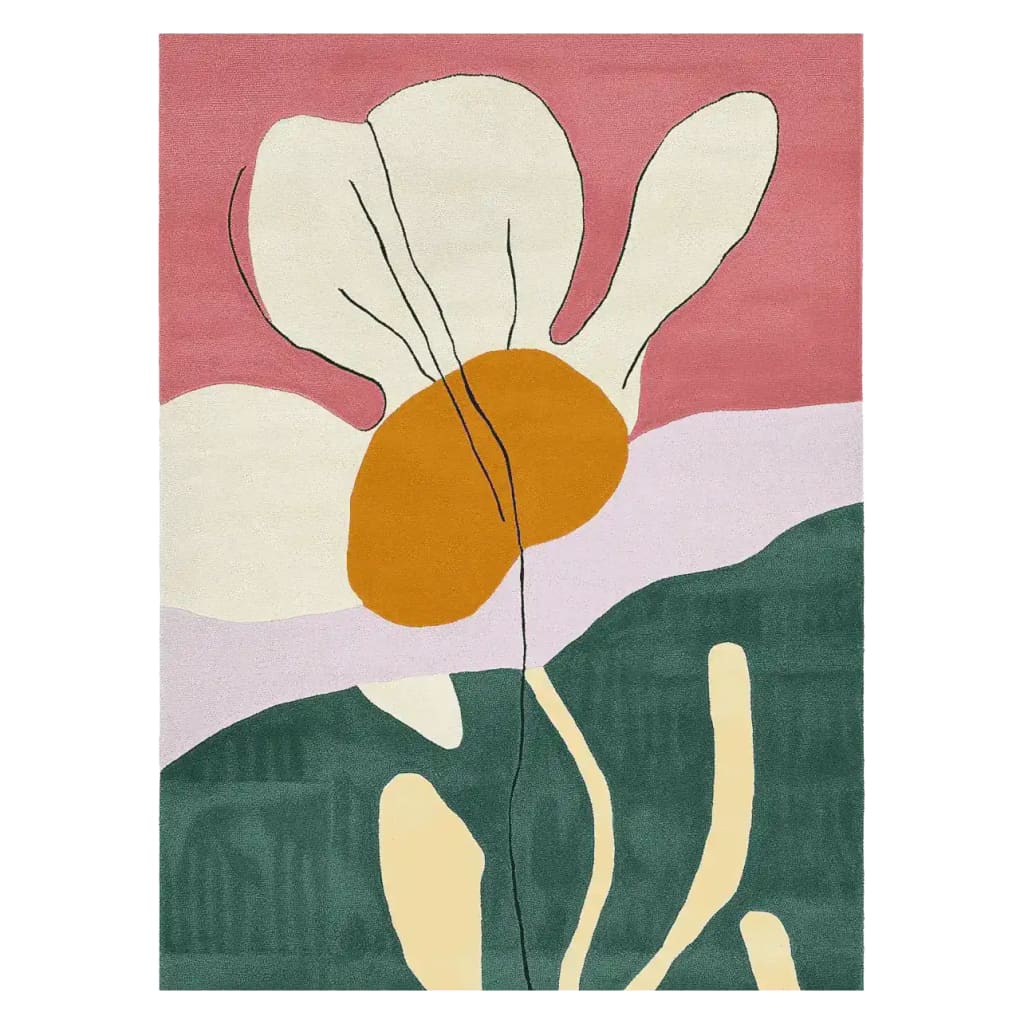 A whimsical, hand-tufted area rug featuring a contemporary abstract floral design with a large white flower and orange center against a pink, purple, and green backdrop. Perfect for adding a touch of modern elegance to living room spaces, this wool rug combines bold colors and artistic flair, making it an ideal choice for those seeking unique rugs for their living room.