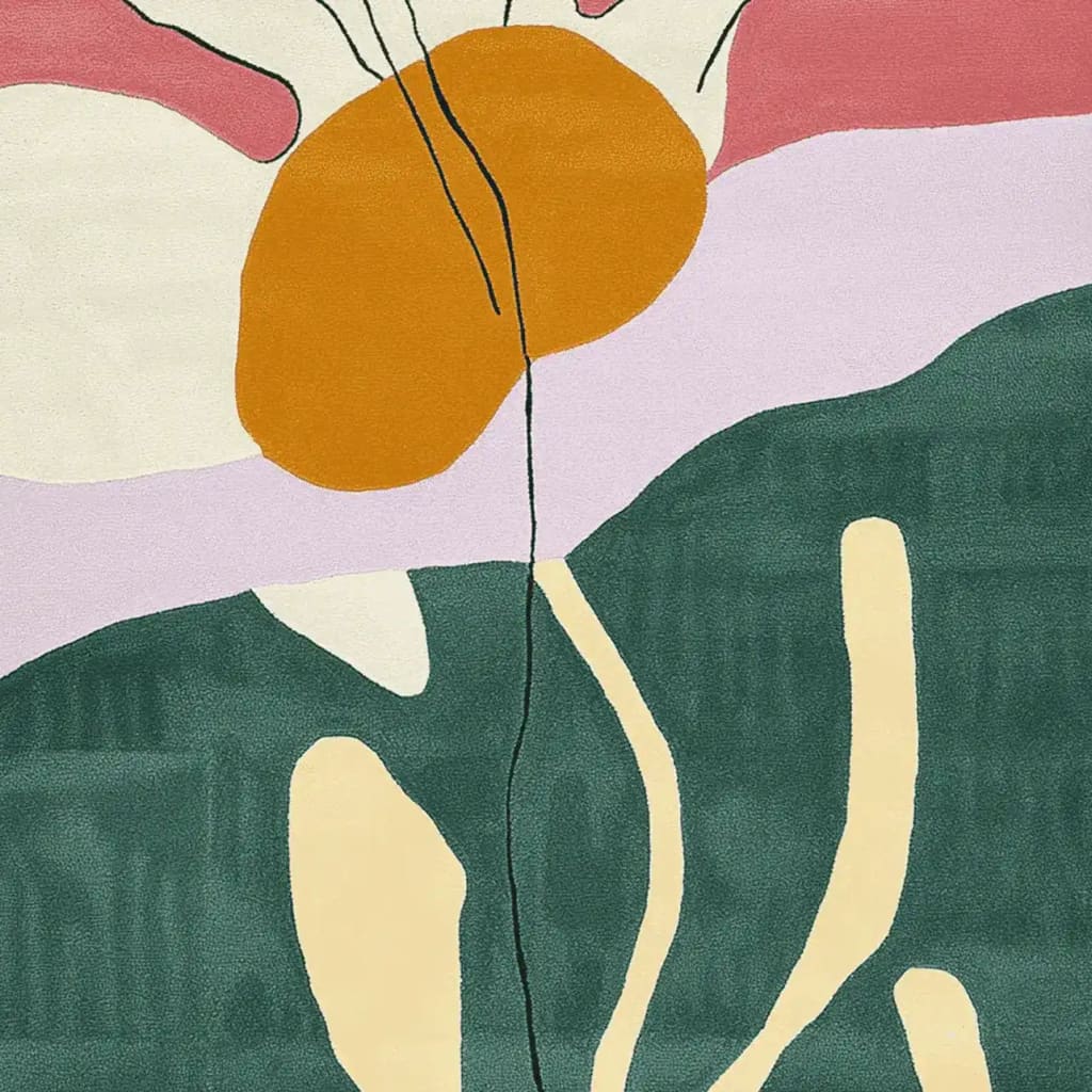 Close-up view of the Whimsy Wild Bloom Hand Tufted Rug, showcasing its vibrant abstract floral design. This area rug features bold colors including orange, green, and pink, perfect for adding a contemporary touch to living room decor. Made from high-quality wool, it's an ideal choice for those seeking stylish and durable rugs for living room spaces.