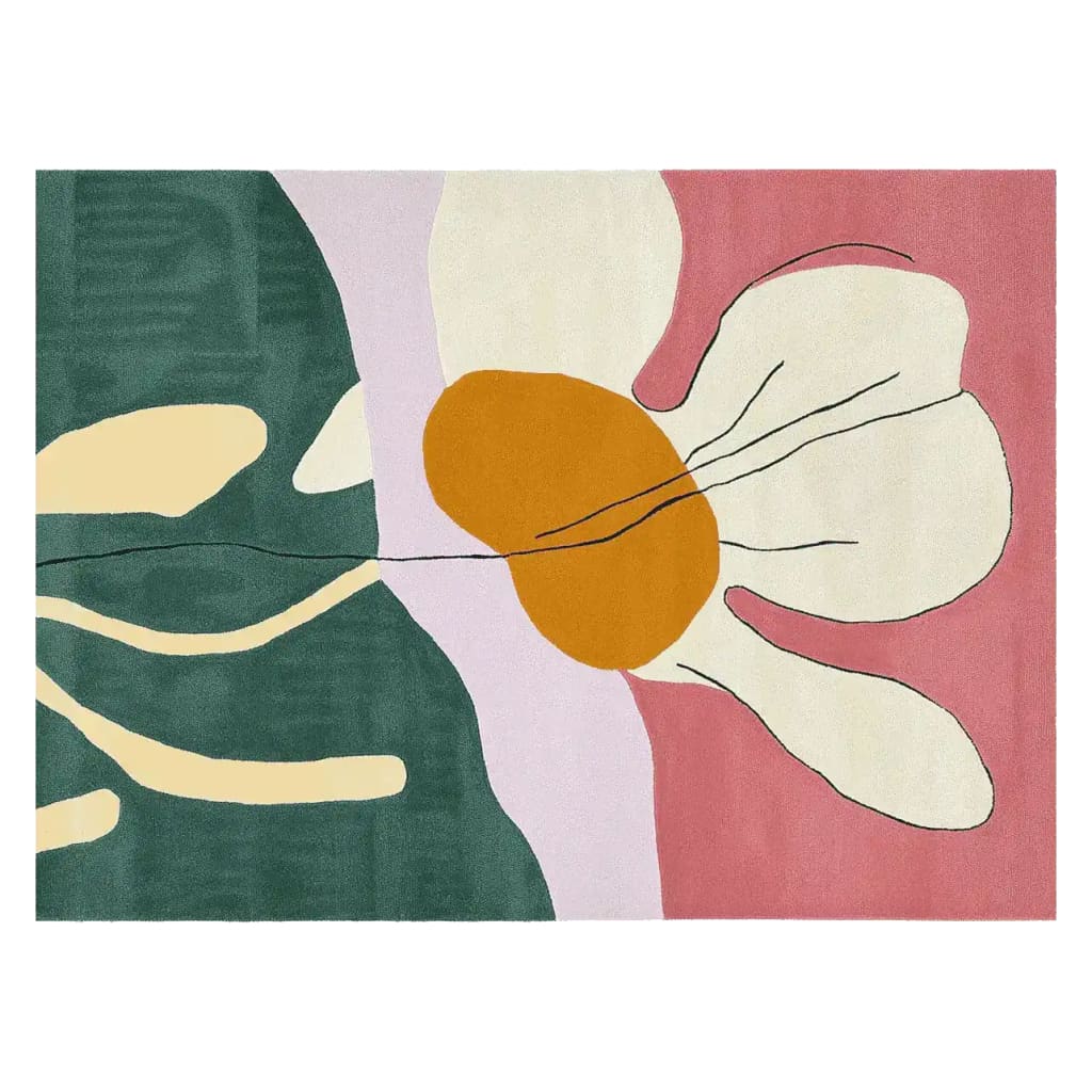 A vibrant hand-tufted area rug featuring a whimsical floral design with bold colors including green, pink, and orange. Perfect for adding a contemporary touch to living rooms, this wool rug showcases an abstract flower pattern, ideal for those seeking unique rugs for their living spaces.