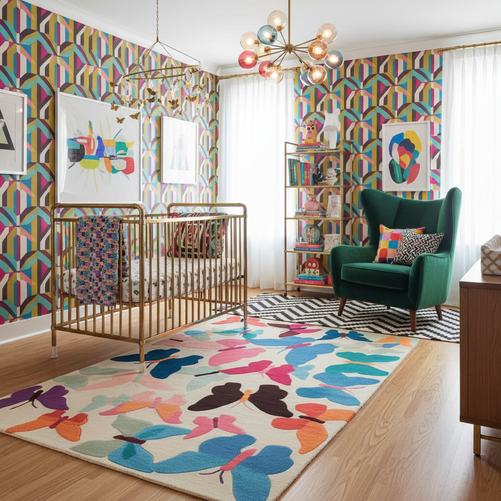 Modern nursery with colorful geometric wallpaper, butterfly rug, and green armchair.