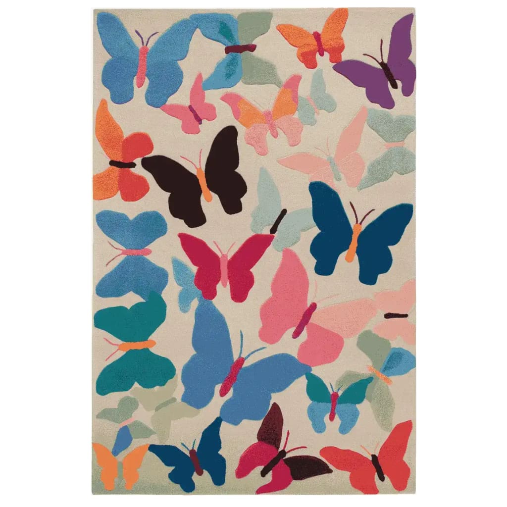 Colorful wool area rug featuring a vibrant pattern of butterflies in shades of blue, pink, orange, and purple, ideal for adding a lively touch to living room area rugs.