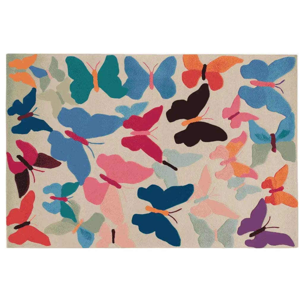 Vibrant area rug featuring a lively pattern of colorful butterflies in shades of blue, pink, orange, and black, perfect for adding a pop of color to any living room. This wool rug is hand tufted, showcasing intricate details that enhance its artistic appeal.