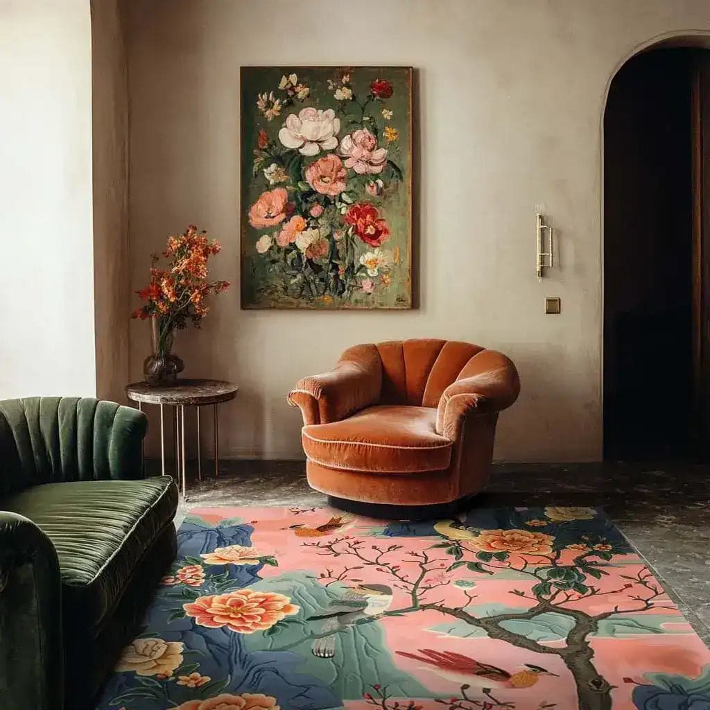 This cozy living room features a stunning area rug with a vibrant floral design, perfect for adding a touch of spring to your decor. The hand-tufted wool rug is adorned with colorful blooms, making it an ideal choice for those seeking rugs for living rooms with a nature-inspired theme.