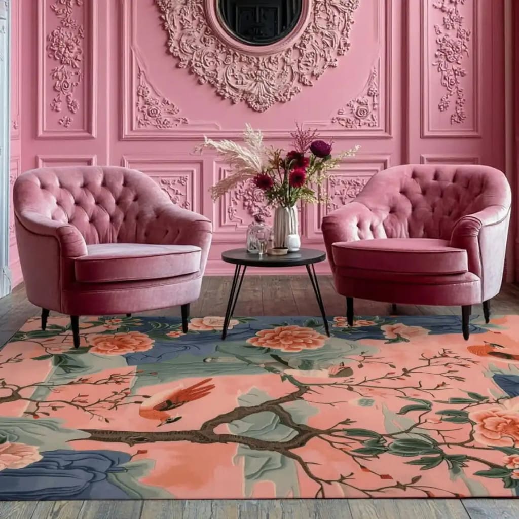 A luxurious area rug featuring a vibrant floral design, perfect for adding a touch of elegance to your living room. This wool rug showcases intricate blooms in shades of pink and green, complementing the plush pink armchairs and ornate wall decor in the room.