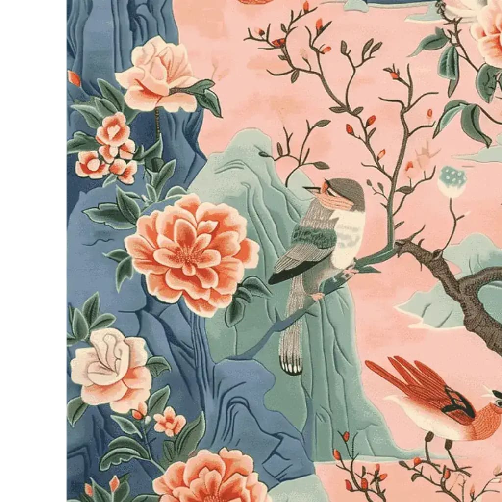 This beautiful area rug features a vibrant floral design with blooming flowers and perched birds, set on a soft pastel background. Perfect for adding a touch of spring to your living room, this wool rug combines elegance and comfort, making it an ideal choice for any space.