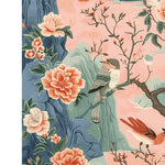 This beautiful area rug features a vibrant floral design with blooming flowers and perched birds, set on a soft pastel background. Perfect for adding a touch of spring to your living room, this wool rug combines elegance and comfort, making it an ideal choice for any space.