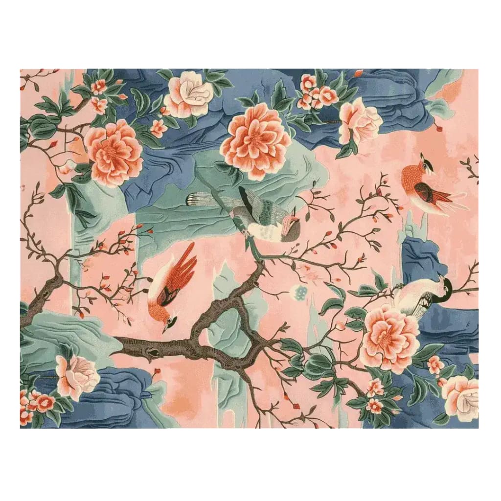 A beautifully detailed area rug with a hand-tufted floral design, featuring vibrant pink and blue hues. This wool rug showcases intricate branches with blossoms, ideal for adding a touch of nature to your living room decor.