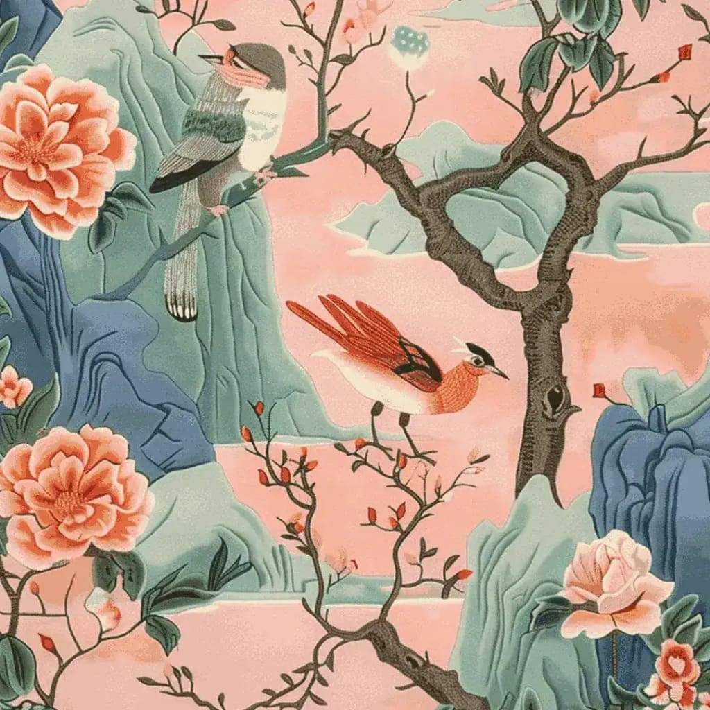 Whisper of Spring Blooms Hand Tufted Area Rug featuring a vibrant floral design with birds perched on branches. This wool rug, perfect for adding a touch of nature to your living room, showcases intricate flower patterns in soft pastel hues.