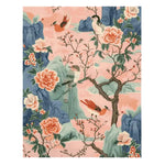 A beautifully detailed area rug featuring a vibrant floral design. This wool rug showcases pink and blue hues with intricate bird and flower motifs, making it a perfect addition to rugs for living rooms. The Whisper of Spring Blooms Hand Tufted Rug captures the essence of a floral rug with its stunning craftsmanship.