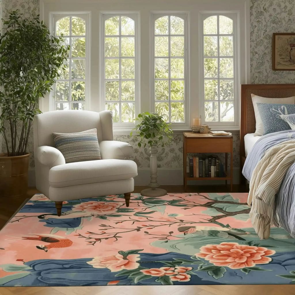 Elegant area rug in a living room setting, featuring a hand-tufted floral design with vibrant blooms. This wool rug adds a touch of spring with its intricate patterns, perfect for enhancing the decor of any living space.