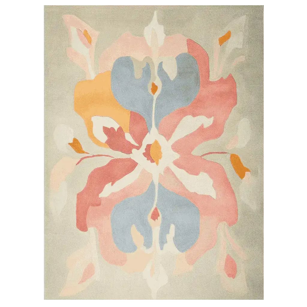 A beautifully designed Whispering Bloom Flow Hand Tufted Area Rug featuring an abstract floral pattern in soft hues of pink, blue, and yellow. This wool rug is perfect for adding a contemporary touch to living room spaces, making it an ideal choice for those seeking stylish area rugs for the living room.