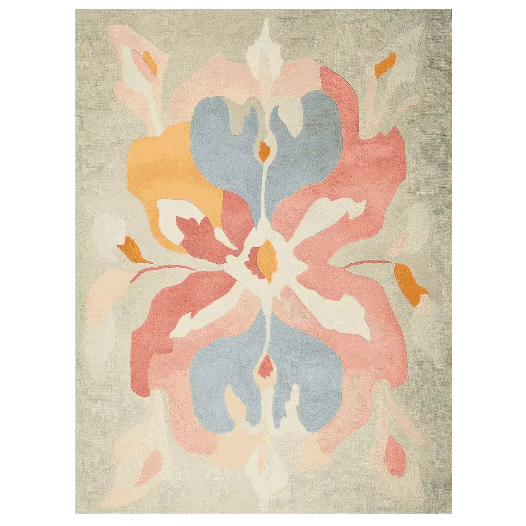 A beautifully designed Whispering Bloom Flow Hand Tufted Area Rug featuring an abstract floral pattern in soft hues of pink, blue, and yellow. This wool rug is perfect for adding a contemporary touch to living room spaces, making it an ideal choice for those seeking stylish area rugs for the living room.