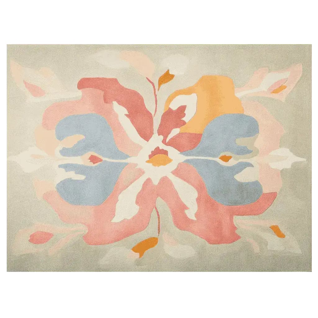 A vibrant hand-tufted area rug featuring an abstract floral design with bold colors like pink, blue, and orange. This contemporary wool rug adds elegance to any living room, offering both style and comfort.