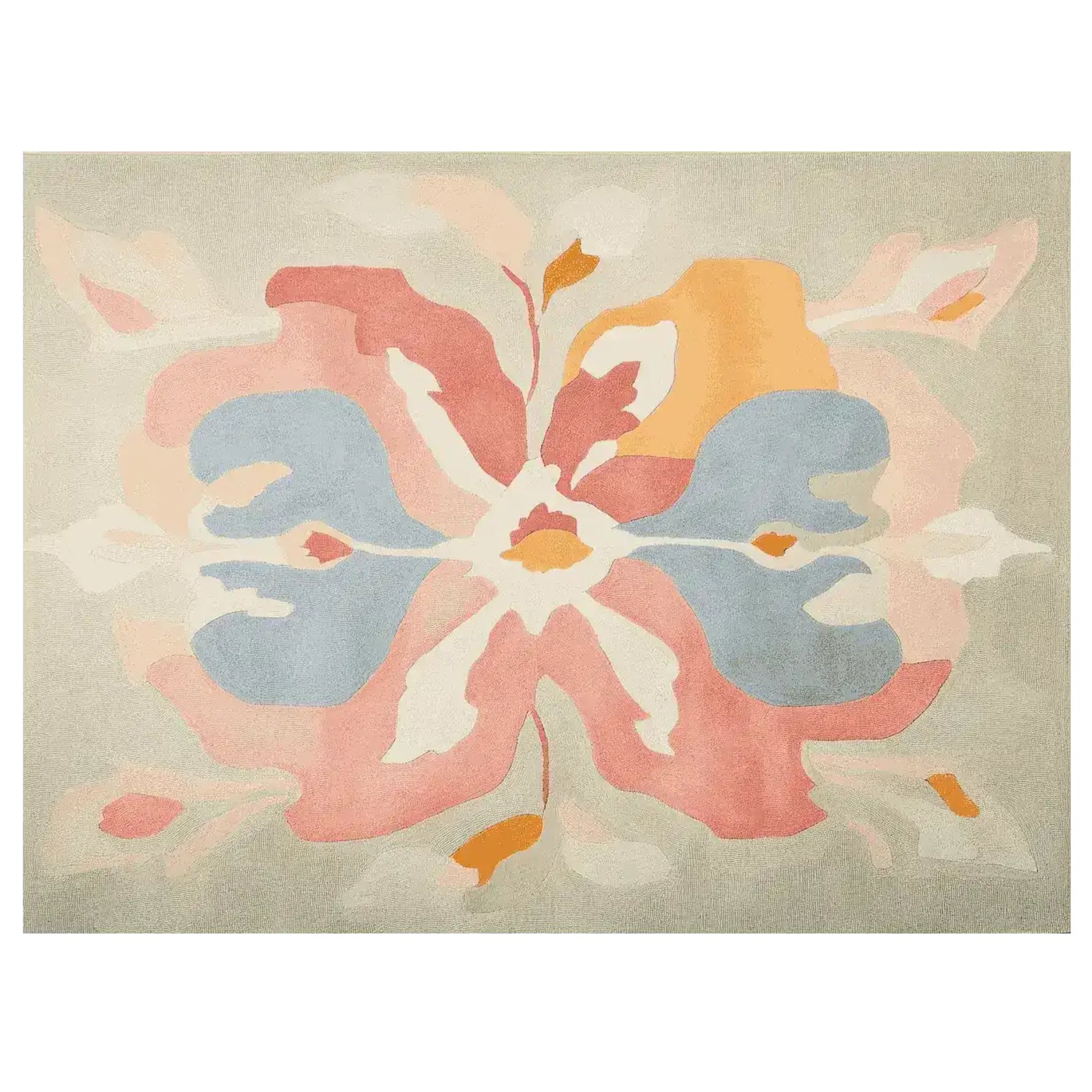 A vibrant hand-tufted area rug featuring an abstract floral design with bold colors like pink, blue, and orange. This contemporary wool rug adds elegance to any living room, offering both style and comfort.