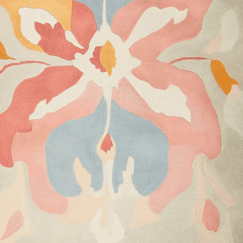 Close-up view of the Whispering Bloom Flow Hand Tufted Area Rug, showcasing its contemporary design with soft pastel colors. This wool rug features an abstract floral pattern, making it a perfect choice for adding elegance to living room spaces.