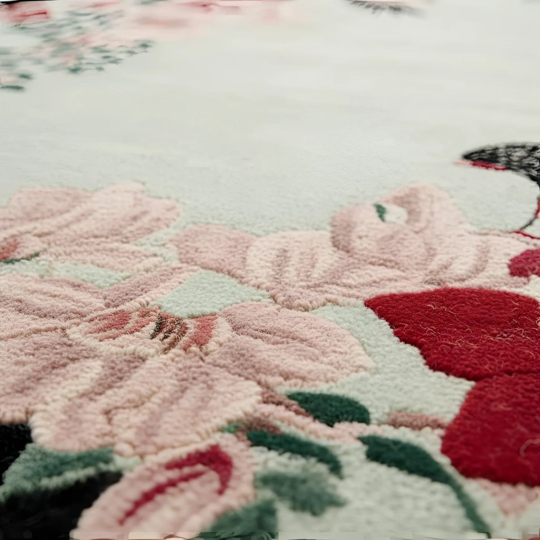 Close-up of a floral patterned rug with pink flowers and green leaves.