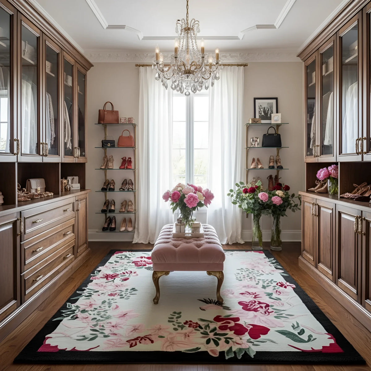 Luxurious room with wooden cabinets, a floral rug, and decorative items.