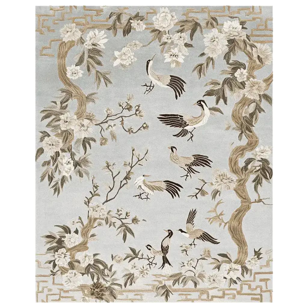 Elegant Whispering Blossom Tales hand tufted area rug featuring a beautiful nature-inspired design with birds and blossoms. This wool rug is perfect for adding a touch of sophistication to large living room spaces. Ideal for those seeking unique living room area rugs.