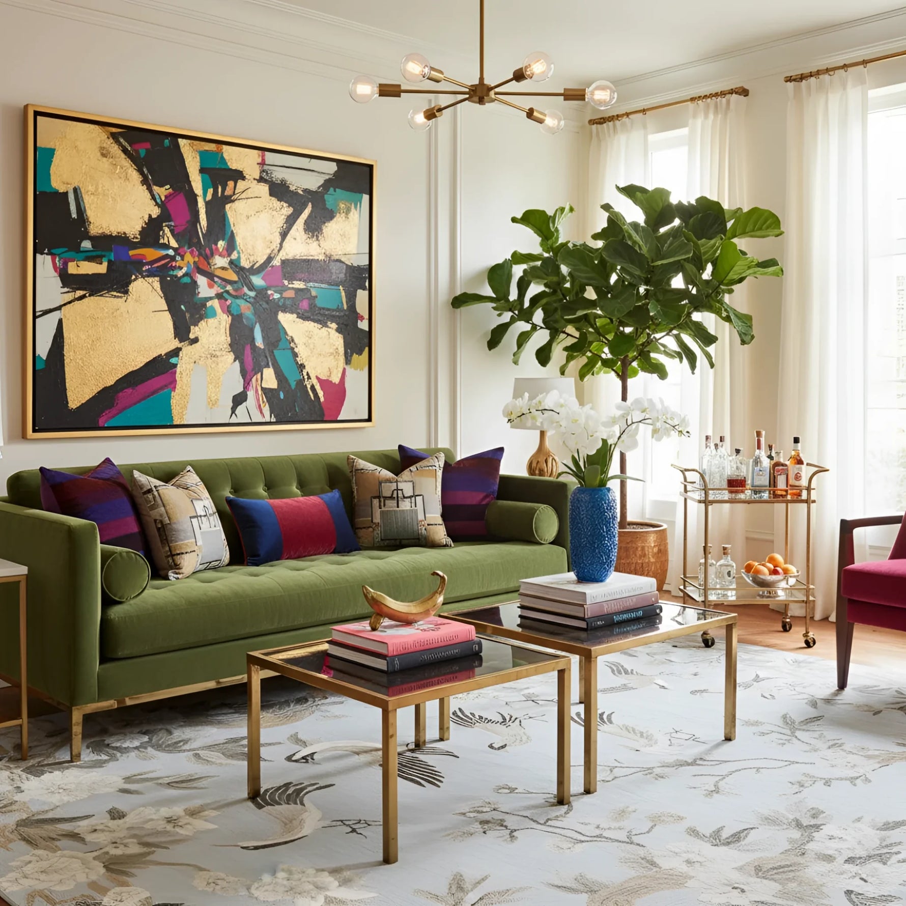 Living room with a green sofa,  chinoiserie modern rug, colorful pillows, and a large abstract painting on the wall.