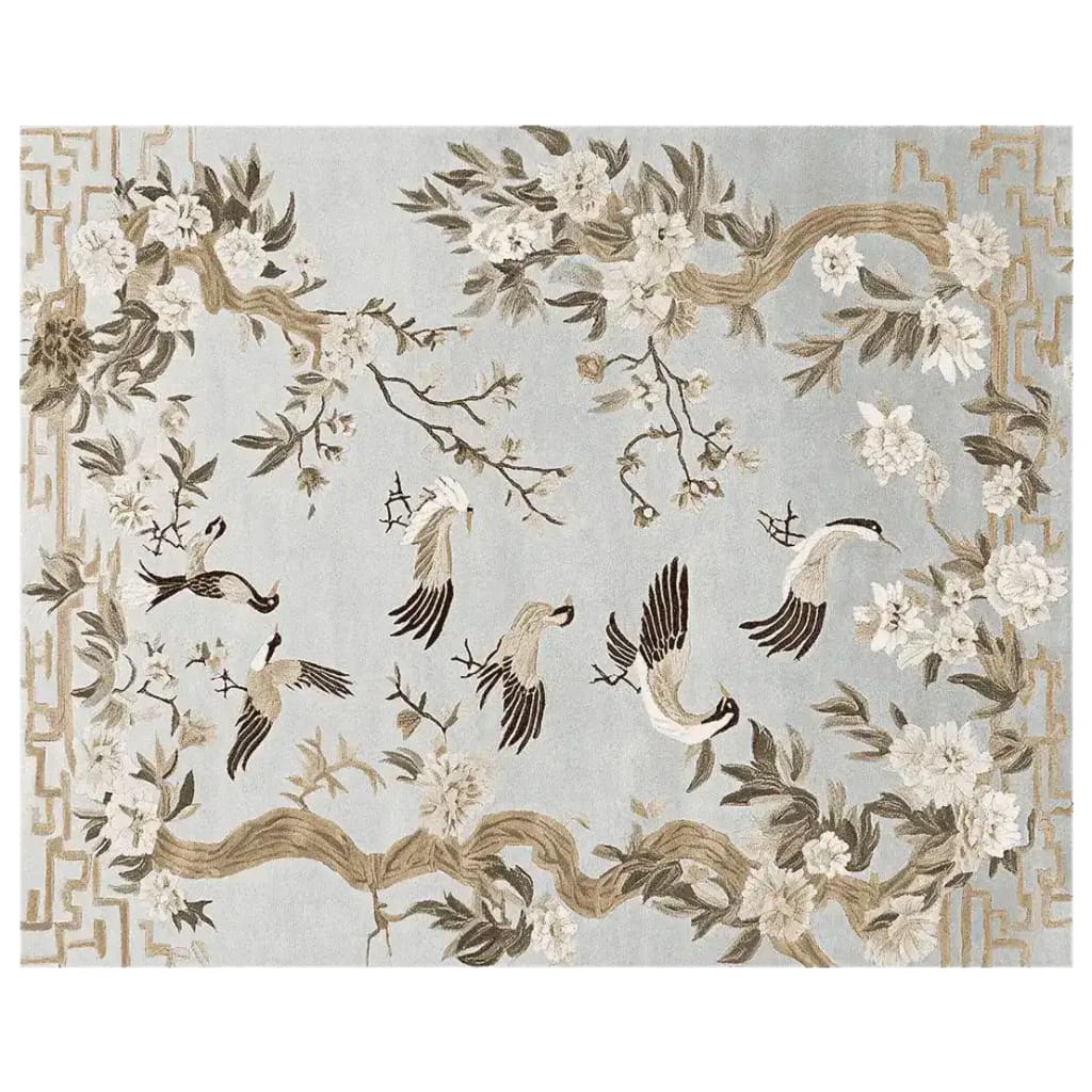 Beautiful hand tufted area rug featuring a nature-inspired design with birds and floral patterns, perfect for large living rooms. This wool rug adds elegance and warmth to any living room area, combining intricate details with a soothing color palette.