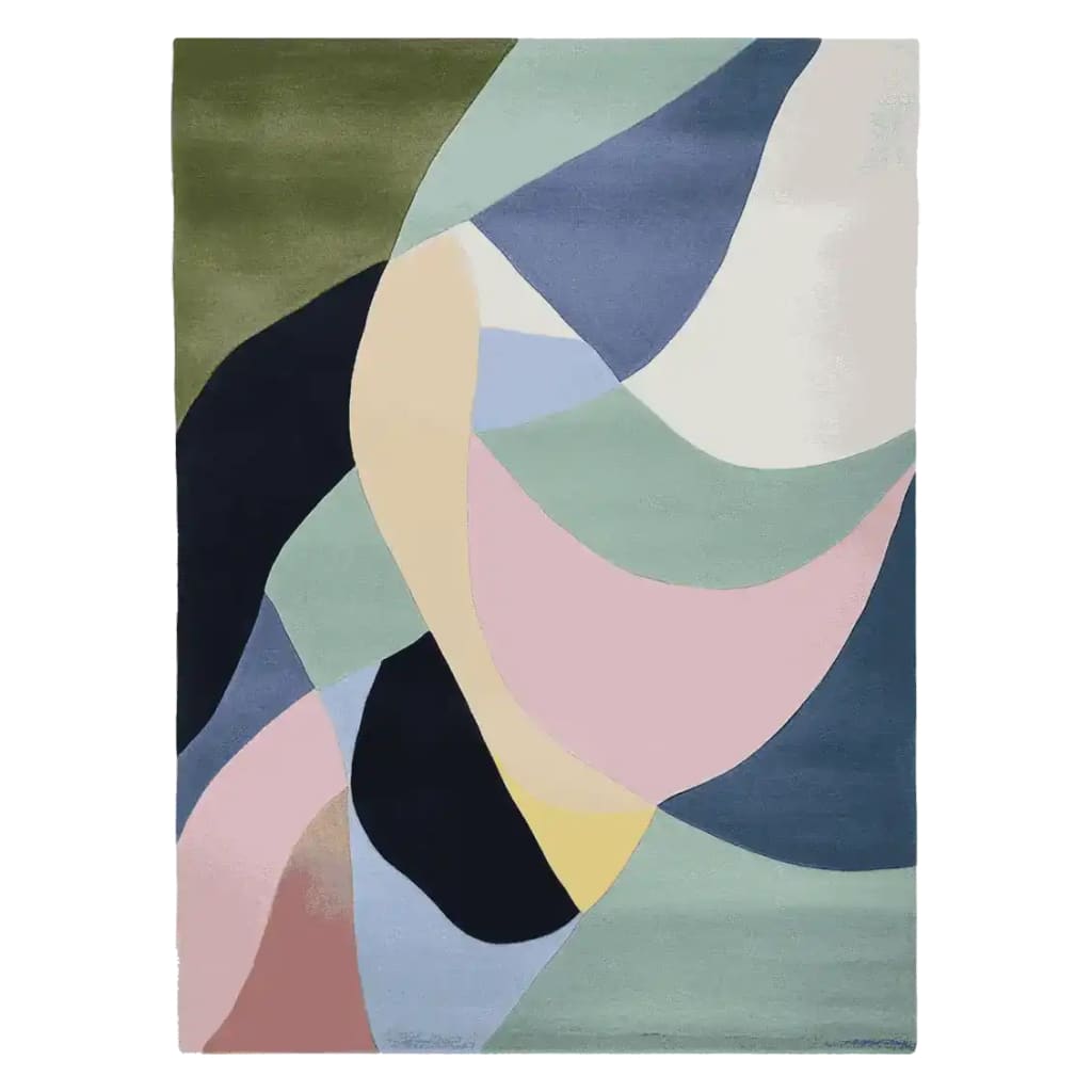 Vibrant area rug featuring an abstract design with bold, curving patches of color including green, blue, pink, and cream. This contemporary wool rug is perfect for adding a pop of color to an 8x10 living room space.